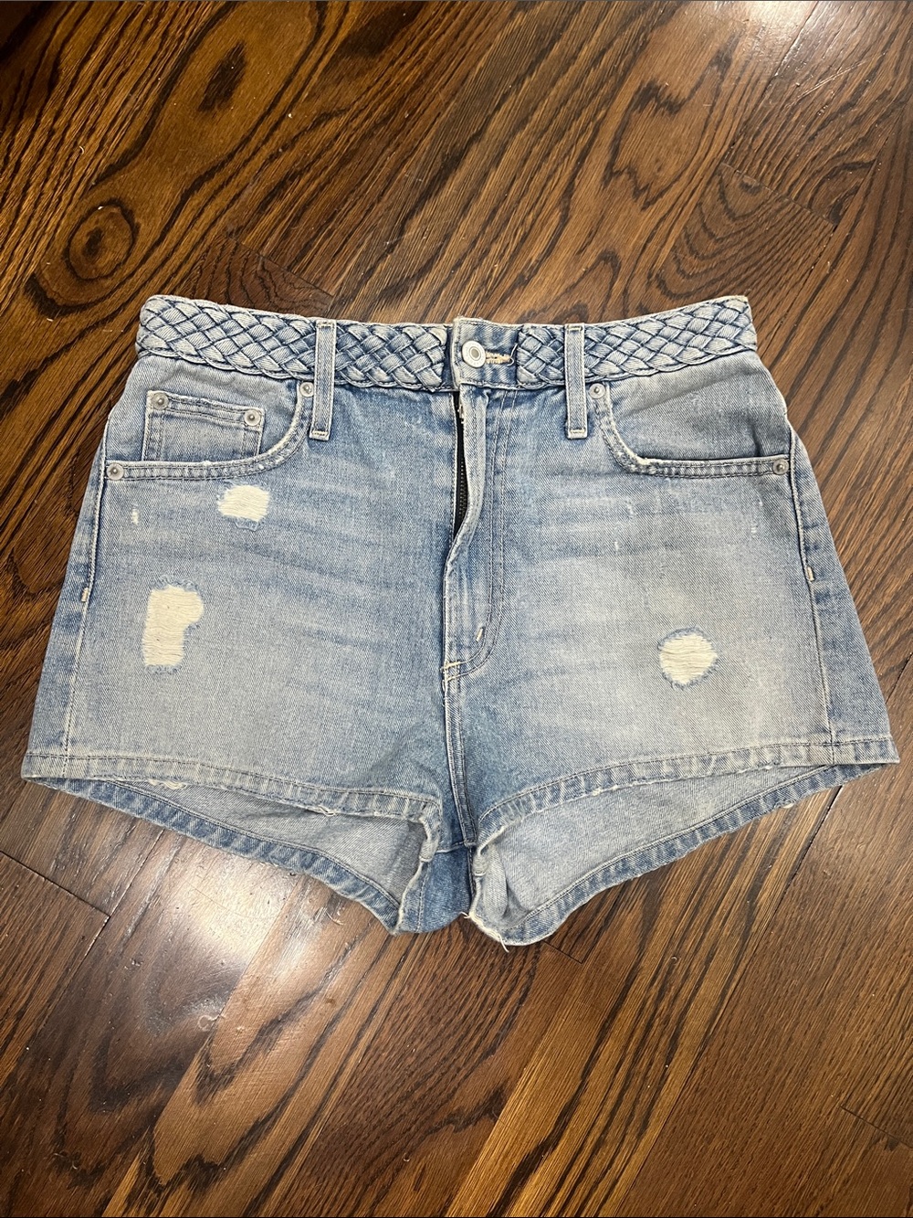 Tularosa Light Blue Braided-Waist Denim Shorts